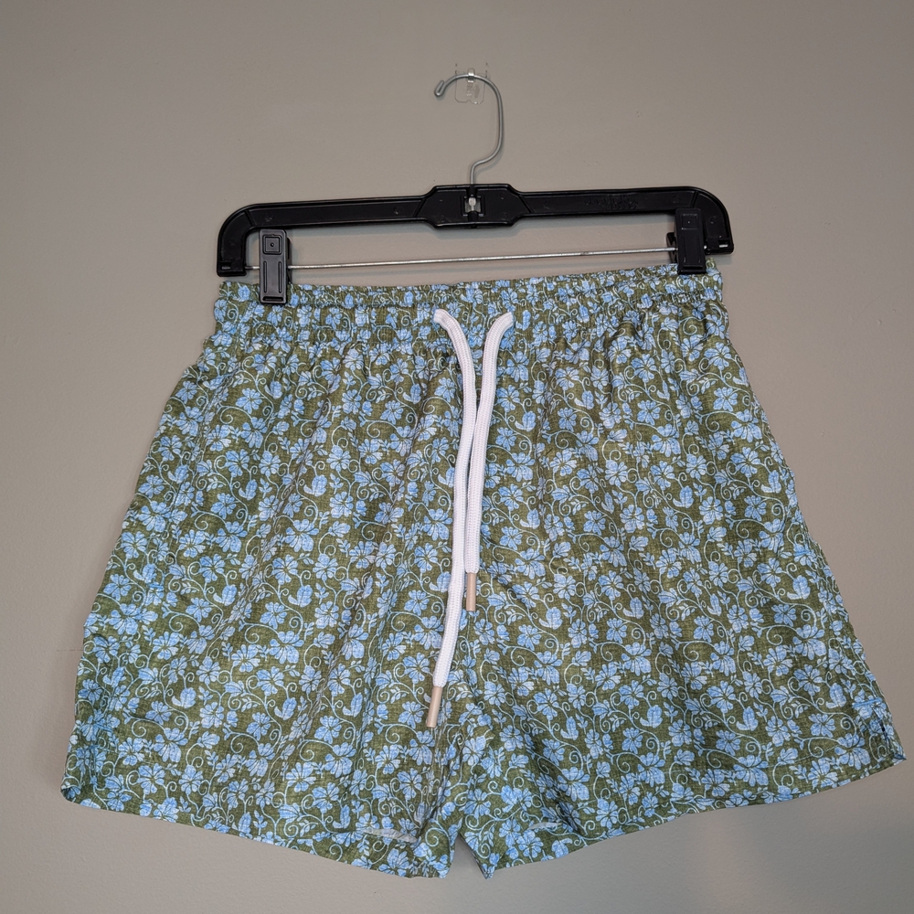 Green and White Floral Swim Trunks with Elastic Waistband